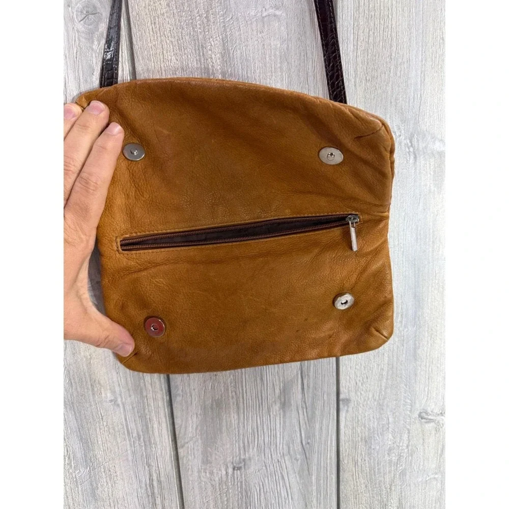 Lavorazione Artigianale Italy Tan Leather Foldover Crossbody Bag Croc Trim PAM